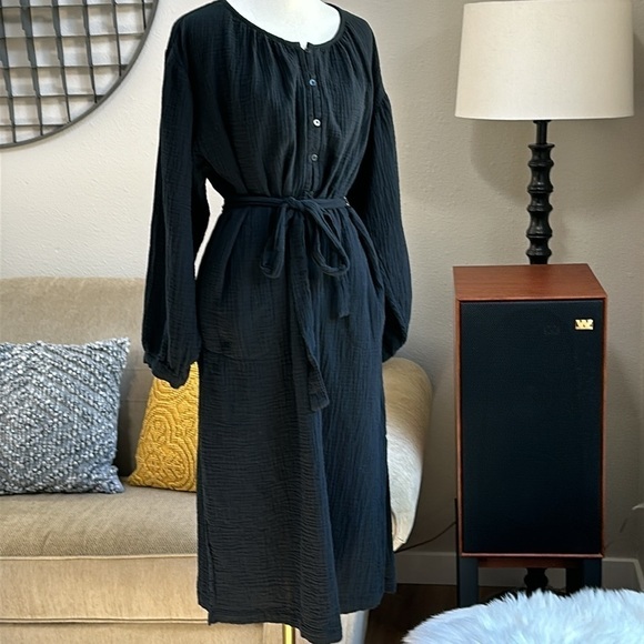 Black gauzy cotton long sleeve dress SZ M - Picture 2 of 10
